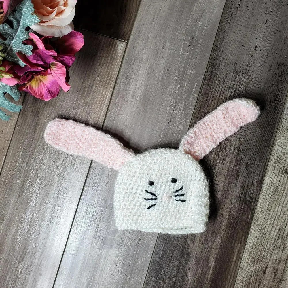 Handmade Crocheted Knit Bunny Rabbit Baby Easter Hat with Ears White Pink